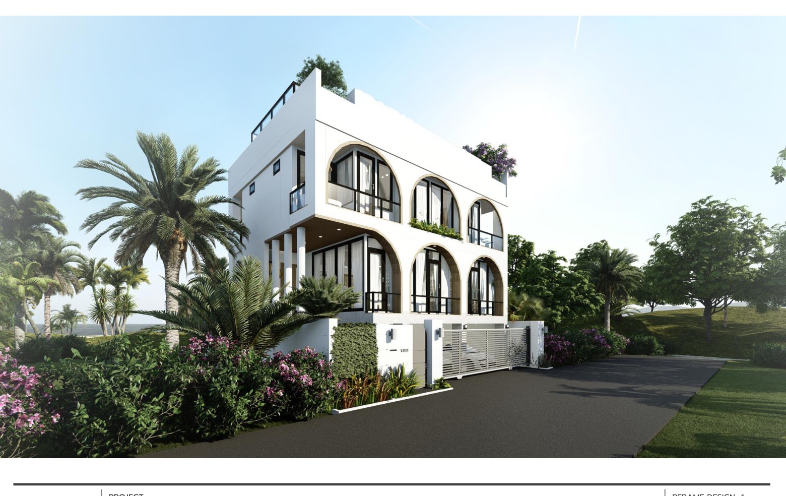 Villa front exterior with Mediterranean arches