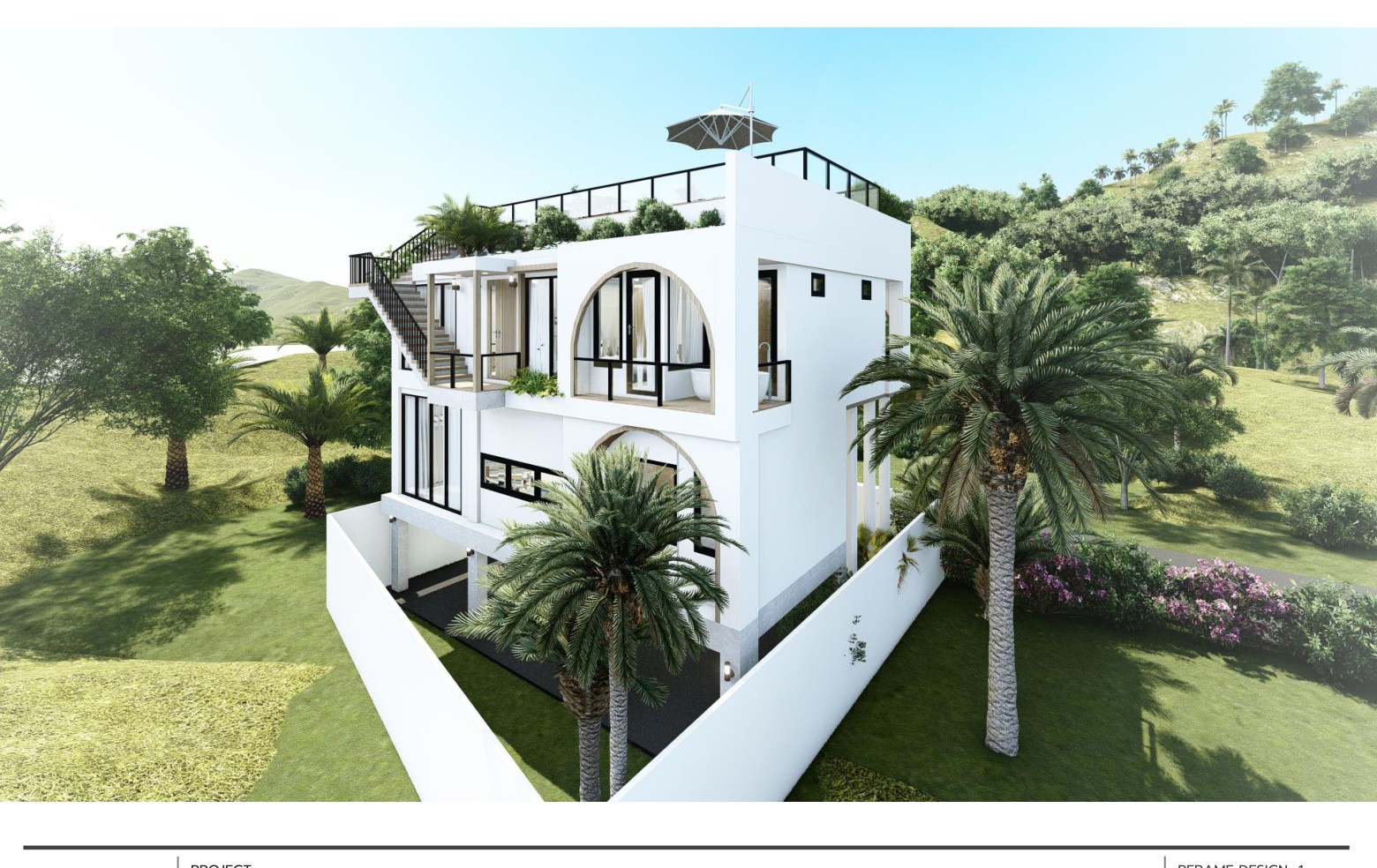 Villa side exterior with tropical landscaping